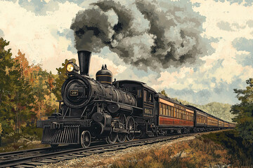 Fototapeta premium Engraving-style vector illustration of a vintage steam train locomotive.