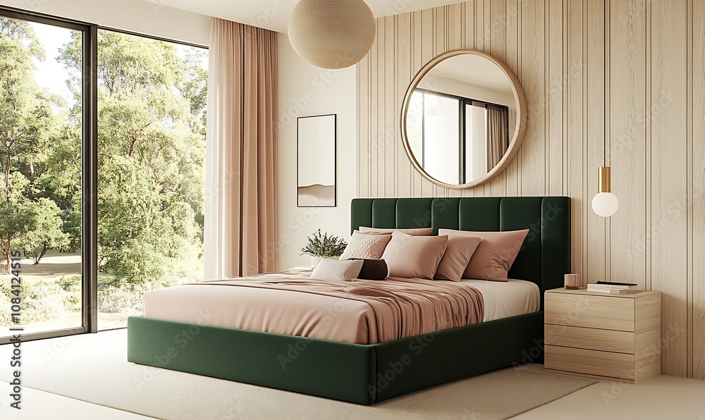Poster modern bedroom interior with large windows and minimalistic design elements : generative ai