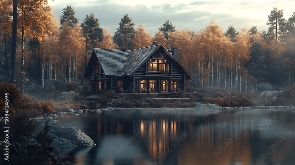 Poster serene autumn log cabin by a tranquil lake in a forest landscape : generative ai
