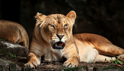Naklejka premium Lioness displaying dangerous teeth