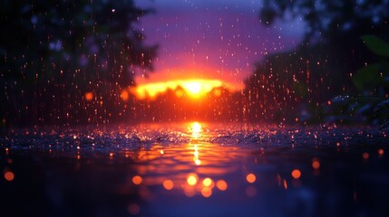 Fototapeta premium Rainy sunset reflecting on water.