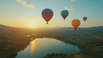 Fototapeta premium Colorful hot air balloons flying in the blue sky over a green valley 