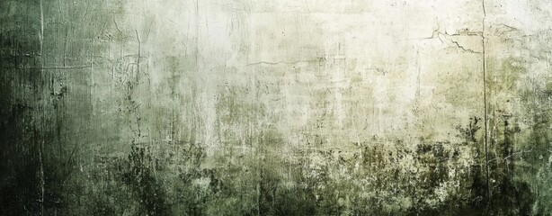 Obraz premium Panoramic view of a grunge wall with decaying plaster and mold growth, creating a textured and distressed background with a gradient of green and white hues