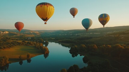 Obraz premium Colorful hot air balloons flying in the blue sky over a green valley 