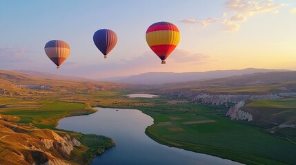 Fototapeta premium Colorful hot air balloons flying in the blue sky over a green valley 