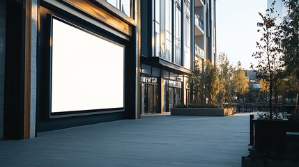 Fototapeta premium Urban Outdoor Cinema Screen on Modern Building Facade at Sunset Ideal for Advertising : Generative AI