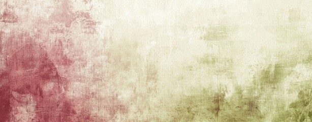 Red and green hues blend on textured canvas, creating an abstract grunge background with a vintage, distressed aesthetic, perfect for adding a touch of antique charm to any project