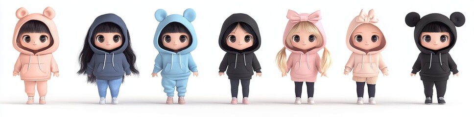 Fototapeta premium Cute chibi-style characters with long hair and bows on their heads