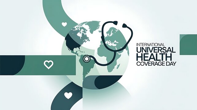 Modern Illustration for International Universal Health Coverage Day Featuring Globe, Stethoscope, and Heart Icons in Green and Blue