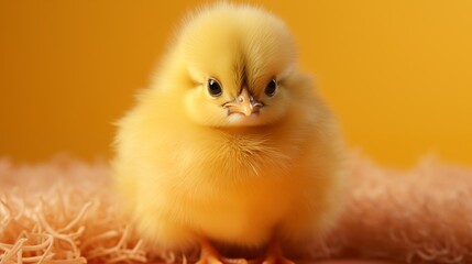 small yellow chicken in a shell on a yellow background. postcard with copy space.