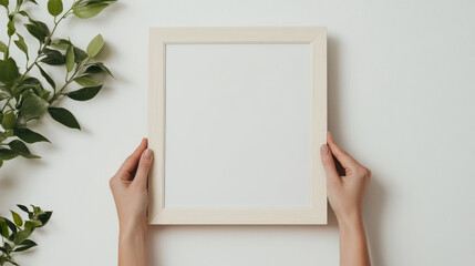 Obraz premium A person holds blank wooden frame surrounded by green leaves, creating serene and inviting atmosphere. This image evokes creativity and inspiration