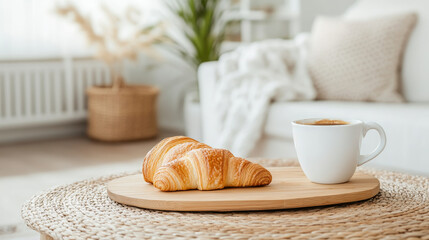 A cozy scene featuring croissant and cup of coffee on wooden tray, set in bright, inviting living space. warm tones and soft textures create relaxing atmosphere