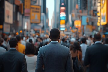 Fototapeta premium Businessman in Anonymous Crowd Walking Through City Street in Sunlight