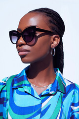 Stylish beautiful African American woman profile portrait wearing black cateye shape sunglasses and a vibrant shirt stands confidently against a white background © Beauty Agent Studio