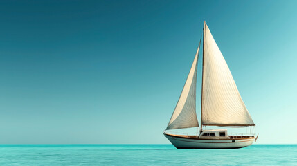 Fototapeta premium Sailboat on tranquil sea under clear blue sky, with white sails raised, reflecting serene and peaceful atmosphere. the boat glides smoothly across the calm water.