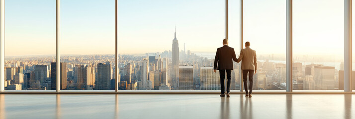A couple stands hand in hand, gazing out at stunning skyline of New York City, with Empire State Building prominently visible. warm sunlight casts beautiful glow over city, creating romantic atmospher