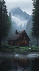 Cozy Log Cabin Retreat Amid Majestic Forested Mountains with Misty Atmospheric Aura : Generative AI