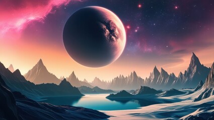 Alien planet landscape, jagged mountain peaks, calm reflective water, giant moons in sky, vibrant pink and purple nebula, cosmic atmosphere, sci-fi scenery, dramatic lighting, digital art, fantasy wor