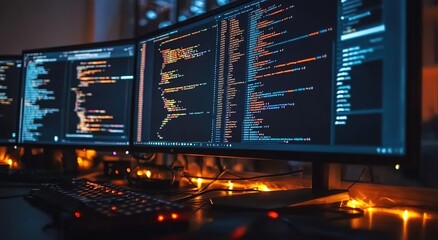 
A computer screen with multiple monitors displaying code and data  