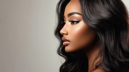 Fototapeta premium A black woman in full makeup with subtle eyeshadow, posing with elegance and confidence