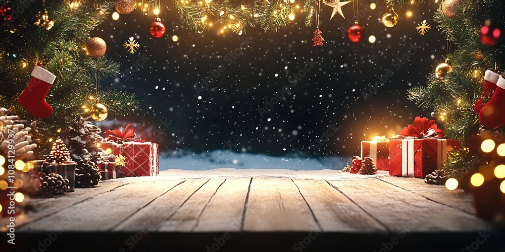 Poster decorative christmas scene with presents and tree ornaments under falling snow at night : generative