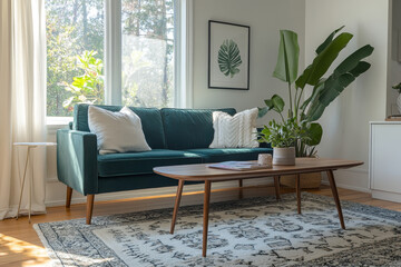 A stylish living room featuring green sofa, decorative pillows, and wooden coffee table. space is brightened by natural light and adorned with indoor plants, creating cozy atmosphere