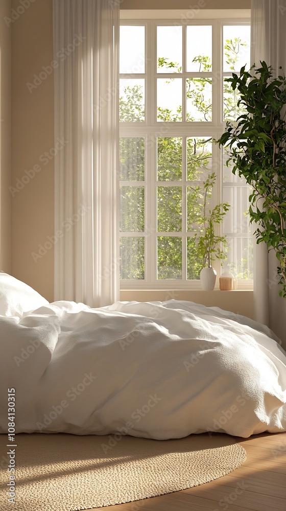 Poster Bright and Airy Minimalist Bedroom with Large Windows and Green View : Generative AI