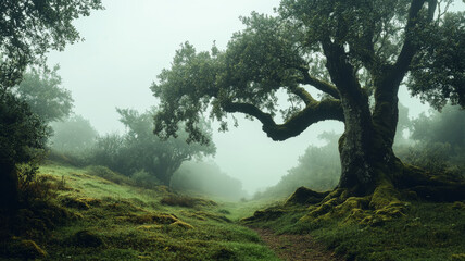 Obraz premium A serene forest scene featuring majestic trees enveloped in mist, creating tranquil atmosphere. lush greenery and soft moss add to enchanting beauty of nature