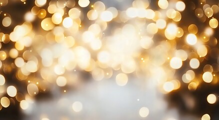 Obraz premium Abstract white and gold blurred background with bokeh lights. 