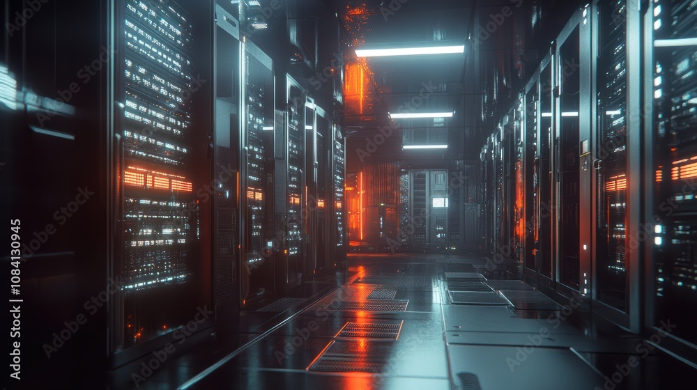 Poster high-tech server room data center with rows of computer racks storing vast amounts of information. m