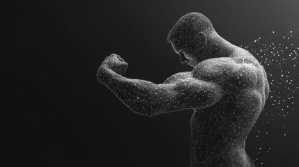 Obraz premium Human power low poly wireframe banner template. Polygonal physical strength, strong bodybuilder, athlete body mesh art illustration. 3D male hand muscles, flexed biceps with connected dots 