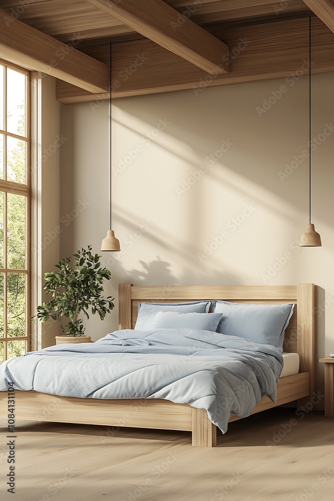 Aufkleber Modern Bedroom with Large Windows and Wooden Elements Embracing Nature Light : Generative AI
