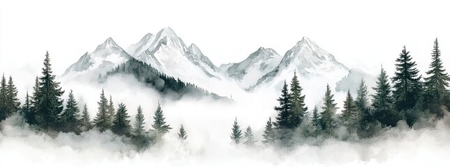 Fototapeta premium Mountains with snow-covered peaks and evergreen trees in the mist