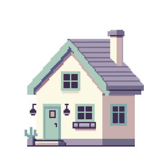 Isometric pixel art house with green frames
