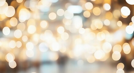 Obraz premium Abstract white and gold blurred background with bokeh lights. 