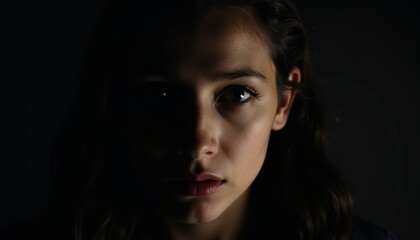 Naklejka premium Close-up portrait of young woman with intense gaze in dramatic lighting