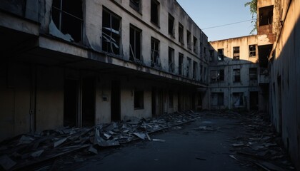 Fototapeta premium Desolate abandoned building interior with debris and sunlight casting shadows