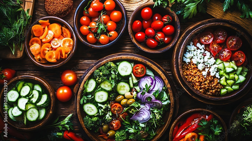 Poster colorful array of fresh vegetables displayed in wooden bowls for healthy eating choices : generative