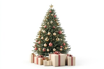 Naklejka premium Stylish Christmas tree decorated with golden and red ornaments, surrounded by gifts
