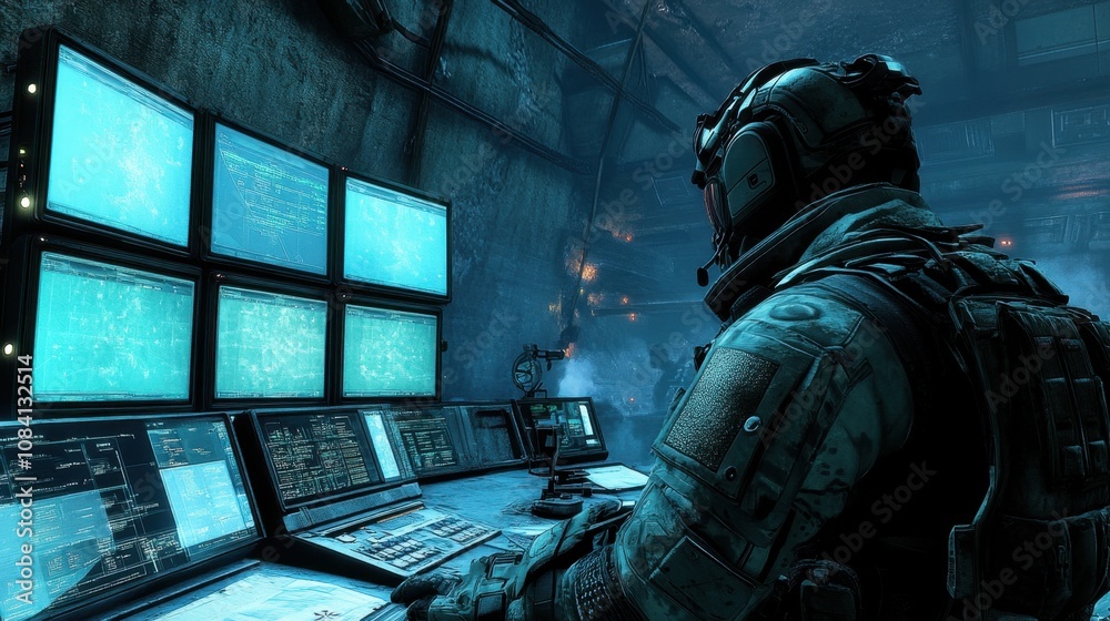 Poster tactical operator analyzing data in high-tech control room with multiple screens illuminating the da