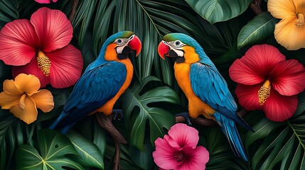 Obraz premium Vibrant parrots among tropical flowers nature wildlife lush environment close-up view colorful concepts