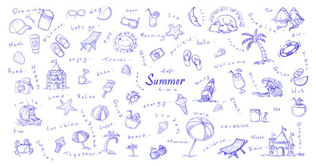 Obraz premium Doodle set of summer icon, sign and symbol hand drawn outline vector illustration. Beach vacation travelling concept isolated on white background.