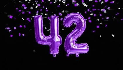 Purple birthday / anniversary balloon, number 42, black background with confetti