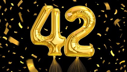 Yellow birthday / anniversary balloon, number 42, black background with confetti