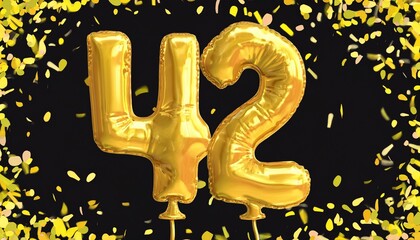 Yellow birthday / anniversary balloon, number 42, black background with confetti