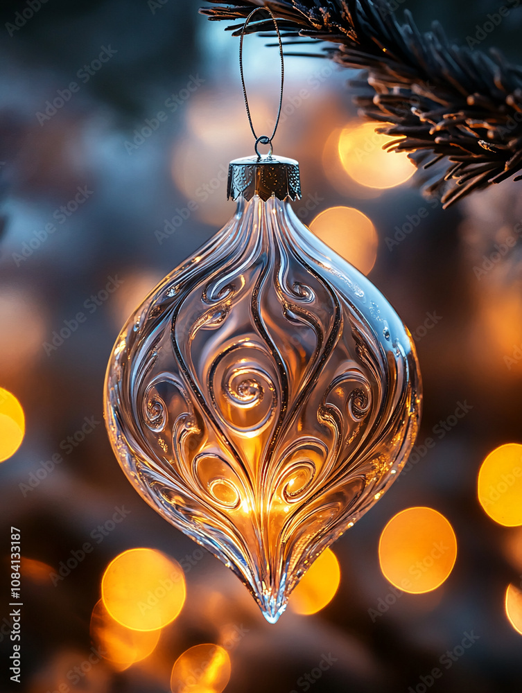 Poster a clear glass christmas ornament with an etched pattern hangs on a pine tree branch