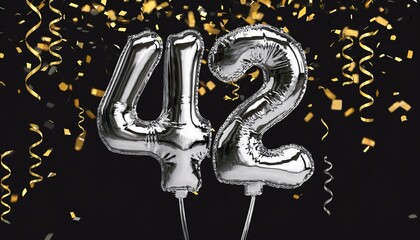 Silver birthday / anniversary balloon, number 42, black background with confetti