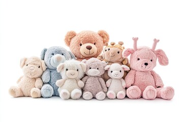 Set of cute plush toys isolated on a white background