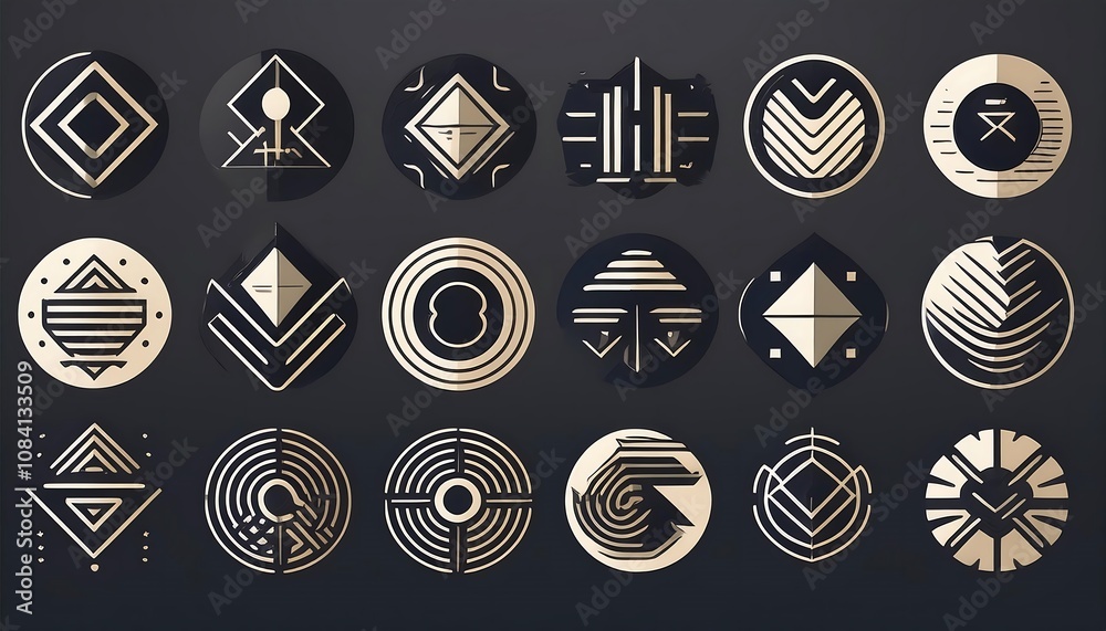 Poster set of minimalist flat geometric logo icons featuring y2k retro elements and vector signs i_1(670)