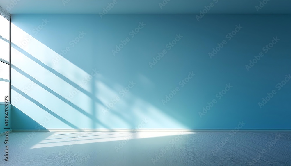 Poster shadows from a large window cross a soft blue wall as neutral light fills an empty room wit_1(674)